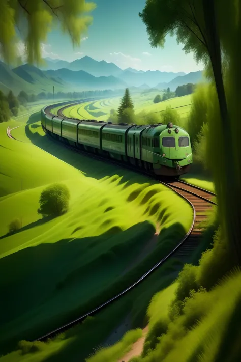 The green train spers into the distance