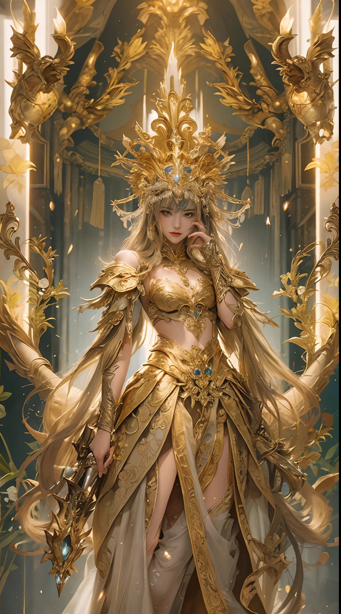 Woman in a golden dress, True Art Station, Rainstorm site, detailed fantasy art, Stunning character art, Beautiful and exquisite character art, Beautiful golden armor, Extremely detailed, Girl in shiny armor, Exquisite headdresses and jewelry, Full body capture,