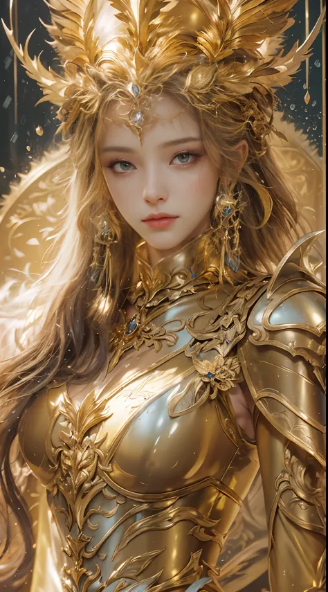 Woman in a golden dress, True Art Station, Rainstorm site, detailed fantasy art, Stunning character art, Beautiful and exquisite character art, Beautiful golden armor, Extremely detailed, Girl in shiny armor, Exquisite headdresses and jewelry, Full body ca...