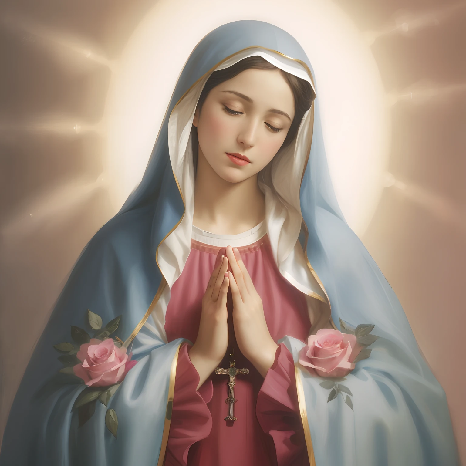 the mary praying to the rosary with roses, in the style of pseudo-realistic, dark pink and light blue, soft brushstroke realism, low resolution, associated press photo, uhd image, holotone printing