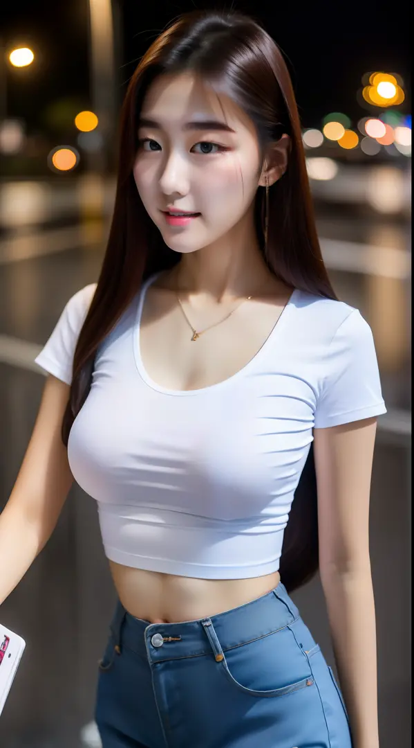 realistic photos of (1 cute Korean star)  straight hair, white skin, thin makeup, 32 inch breasts size, yellow t-shirt, pants, walking on  the street, night, close-up, 1080