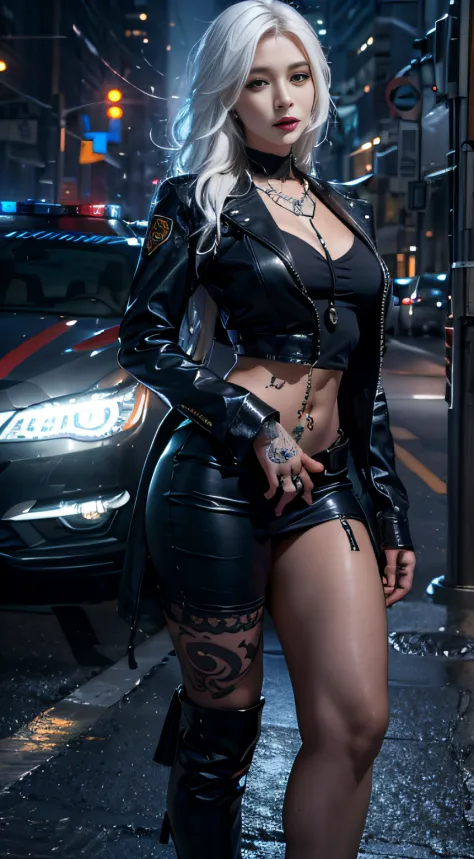 Photorealistic, high resolution, Soft light,1womanl, Solo, Hips up, (Detailed face),tattoo, jewelry, Night City, Police uniform,...