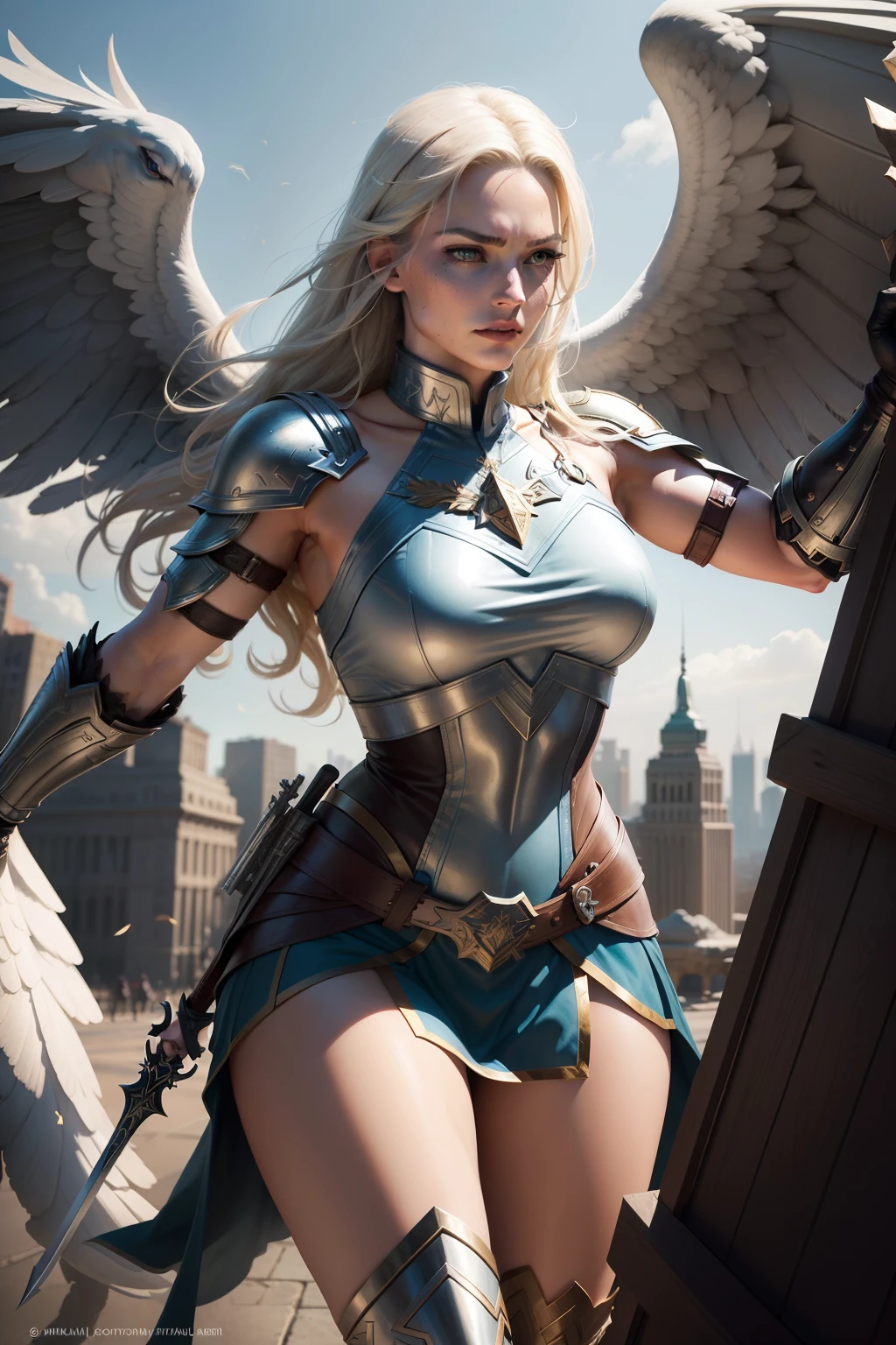 New York, Square of Time, Valkyrie, also known as Brunnhilde, is a character from Marvel Comics. She is an Asgardian warrior and a member of the Valkyries, a group of godlike warriors tasked with escorting the souls of fallen warriors to Valhalla. Valkyrie is skilled in hand-to-hand combat, wielding a sword and riding a majestic (horse) named Pegasus. She possesses superhuman strength, stamina, and longevity due to her Asgardian heritage. Additionally, Valkyrie is notable for her leadership, determination, and loyalty to her fellow Asgardians and the Avengers. Her presence brings a touch of mysticism and heroism to the mythology of the Marvel Universe. (best quality: 1.0), (Ultra Highres: 1.0), highly detailed face and eyes, (photorealistic: 1.2)