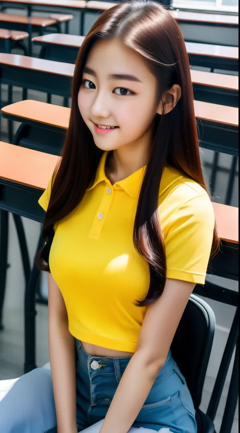 realistic photos of (1 cute Korean star) straight hair, white skin, thin makeup, 32 inch breasts size, slightly smile, yellow polo shirt, in the classroom, fisheye, depth of field, Color Field painting, retina