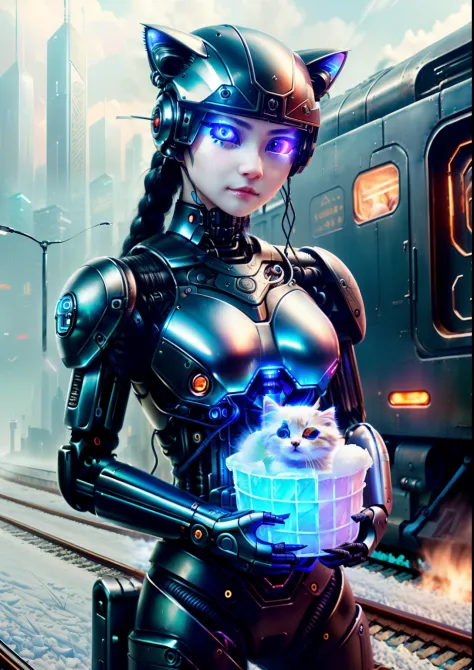 Metal Cute Kitten、((cyborgs))、Cyberpunk style、holding a basket woven from reeds,,,,(Sale of ice cream)、Train background、((intricate-detail))、nffsw、((intricate-detail、ultra-detailliert))、Cinematic shots、vignettes、masutepiece、
