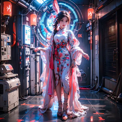 1 girl solo, perfect_hand, (8k, RAW photo, best quality, masterpiece:1.2), (realistic, photo-realistic:1.4), (extremely detailed CG unity 8k wallpaper),full body, (neon lights), machop, mechanical arms, hanfu, Chinese clothes, dress,