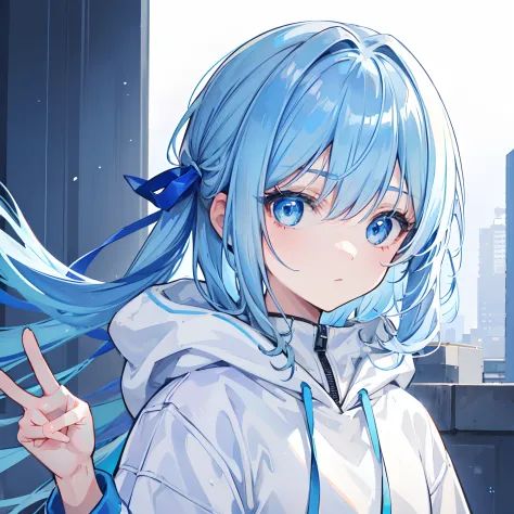 1girl,light blue hair,blue eyes,hair ribbon,blue and white hoodie,winter,looking at viewer,profile picture,peace sign