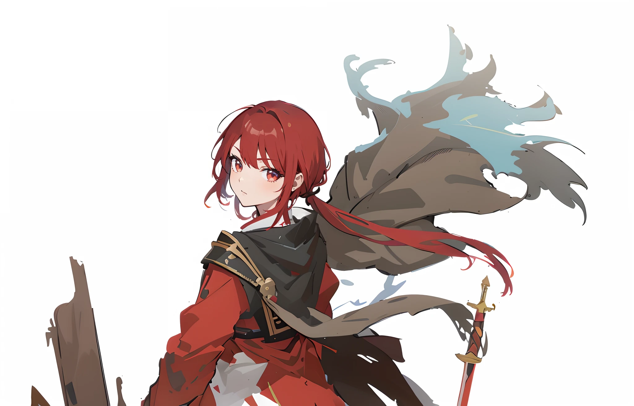 Anime girl with red hair and cape holding a sword - SeaArt AI