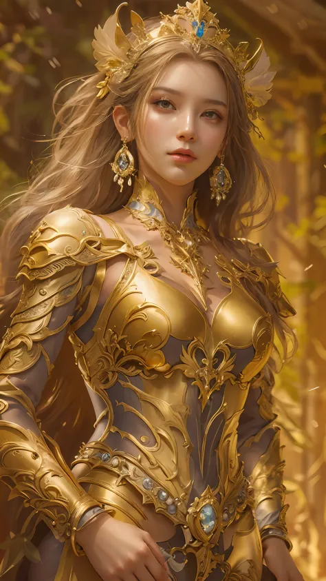 Woman in a golden dress, True Art Station, Rainstorm site, detailed fantasy art, Stunning character art, Beautiful and exquisite...