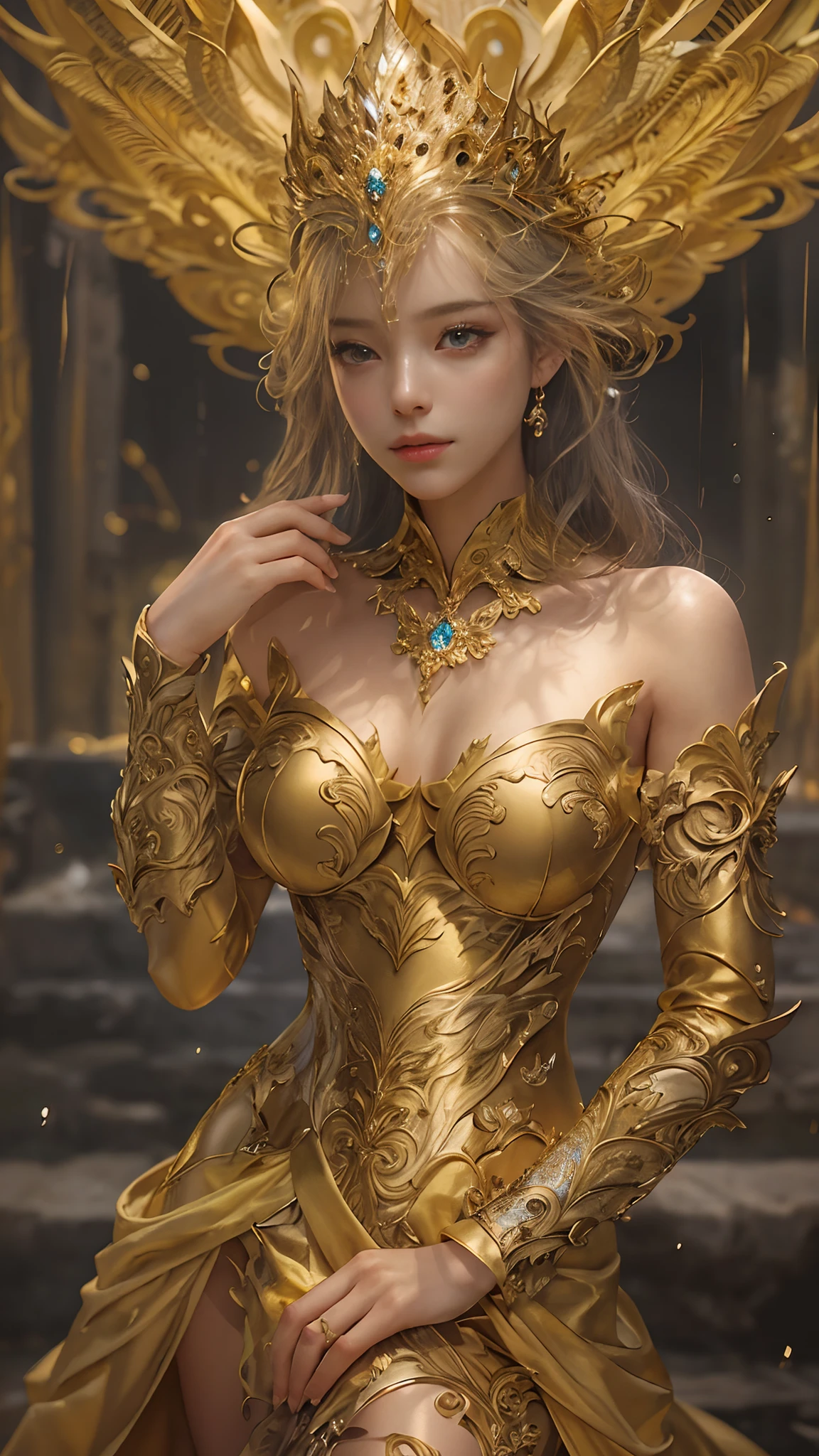 金色のドレスを着た女性, トゥルーアートステーション, 暴風雨現場, 詳細なファンタジーアート, 素晴らしいキャラクターアート, 美しく精巧なキャラクターアート, 美しい金色の鎧, 非常に詳細な, 光沢のある鎧を着た少女, 美しいティアラとジュエリー, 全身キャプチャ,