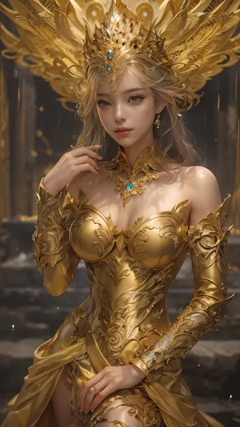 woman in a golden dress, true art station, rainstorm site, detailed fantasy art, stunning character art, beautiful and exquisite...