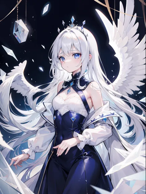 1girl, navy very long curvy hair, pretty, sadist expression, careless, psychopath, perspective, white crystal eyes, light particles, wallpaper, princess crown, white long bride clothes, fallen angel, broken angel wings, scratch, small wound,diamond pendant...