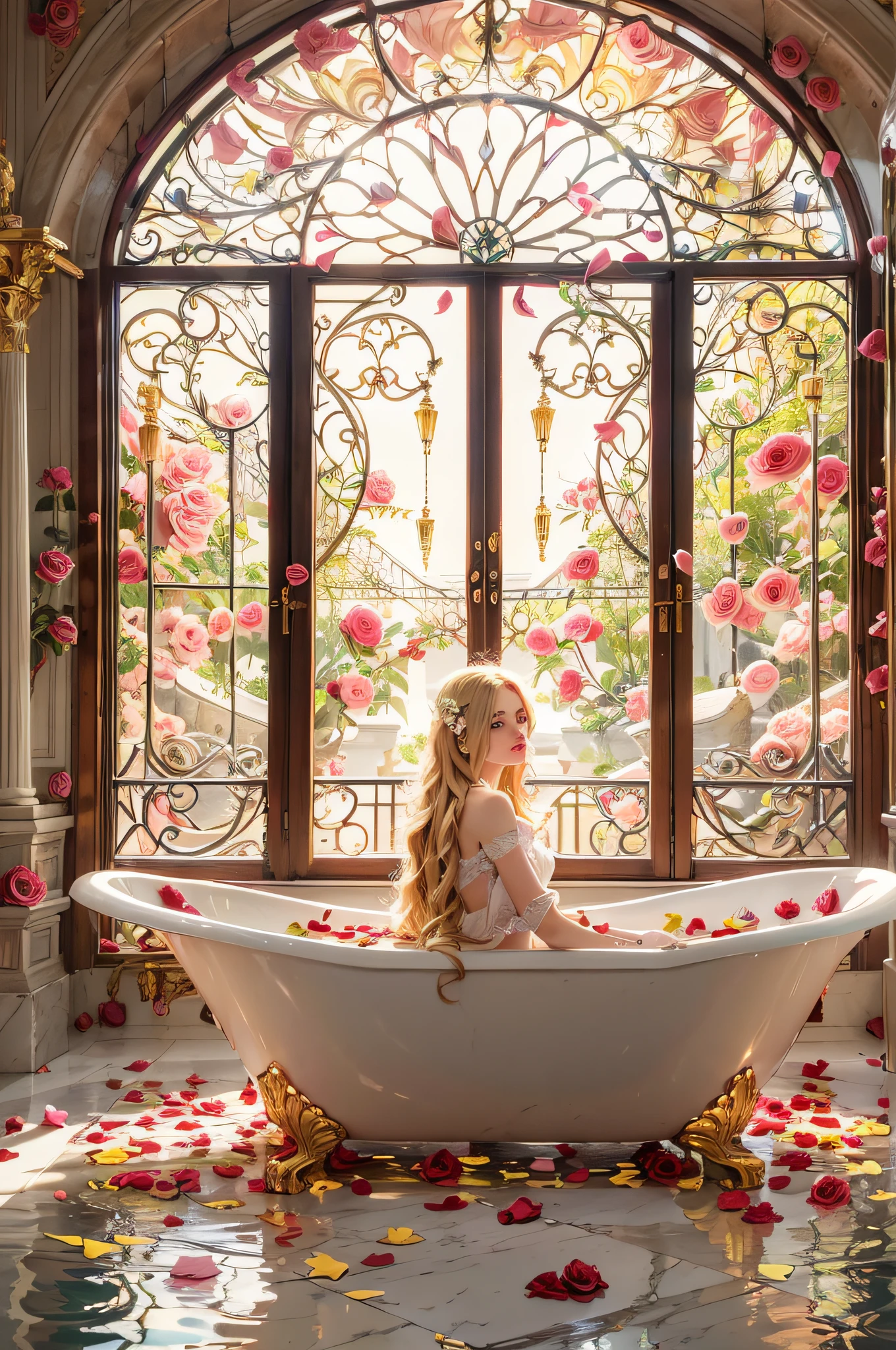 (Raw photo, 超A high resolution, Best Quality, 8K, masutepiece:1.2), absurderes, unbelievable Ridiculous, muito, Delicate and beautiful, extremely detailed eyes and face and skin, Perfect Anatomy, Sharp Focus Break,Beautiful princess bathing in a marble bathtub, ((Very long blonde hair)), Wet hair, Wearing a light bathrobe, Large breasts, slender,happy smail, clothed bathing, Ivory Gold AI, Bathroom setting in the Royal Palace, steam, Ornate marble bathtub, Gold butterfly, Luxurious vases and flowers,(Rose petals floating in water:1.3), Early morning light, Luxury windows,  Look at viewers, Dynamic Pose,
