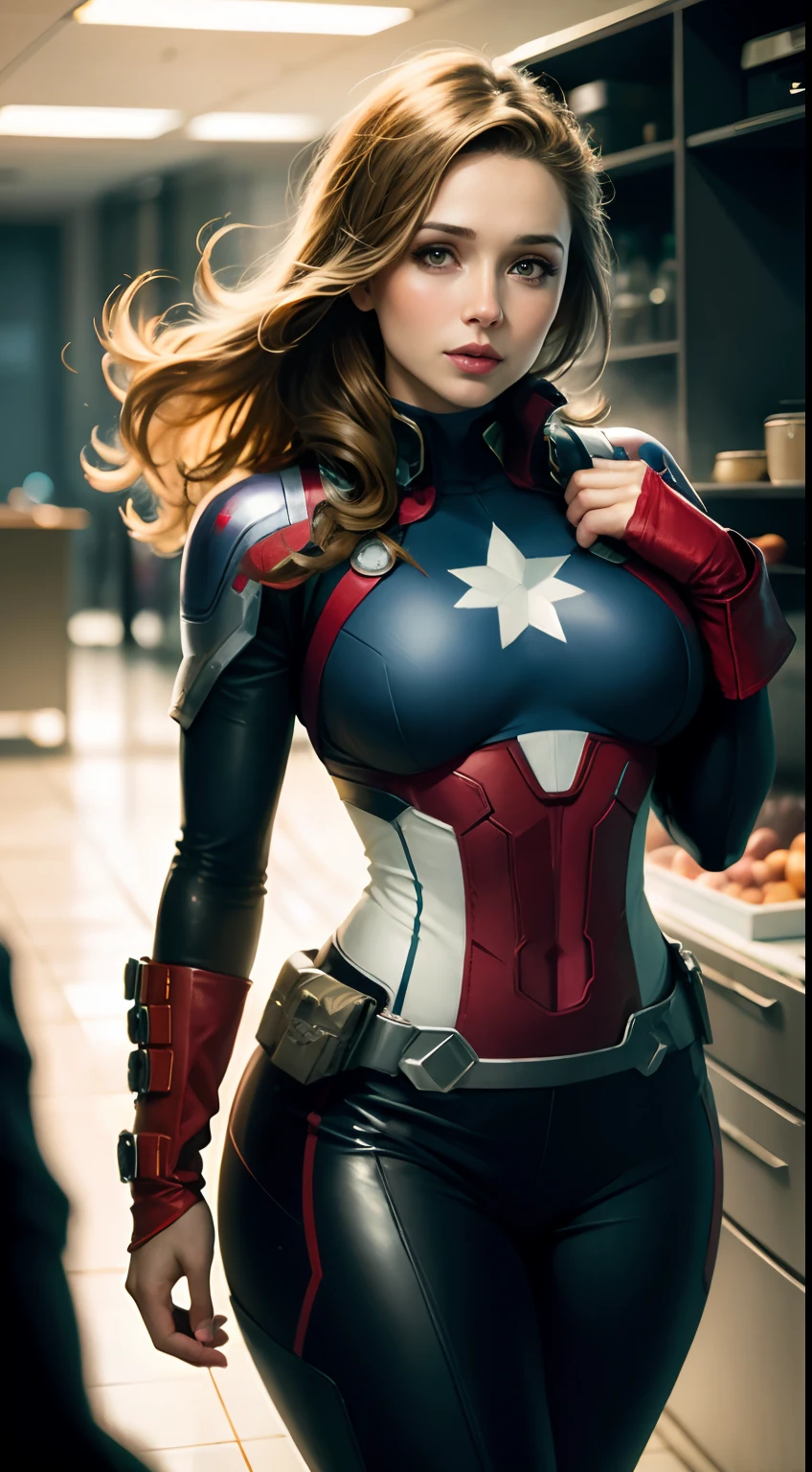 Elizabeth Olson plays Captain America，skyscrapper，（Inspired by Mass Effect），Captain America suit，Safety rating，Breast enlargement，fat hips，Leather pants wrap around the hips，Leather clothing wraps around the chest，（8k，foto RAW，fotorrealista：1，25），（muito brilho labial，very many eyelashes，melhor qualidade，ultra high-resolution，profundidade de campo，chromatic aberration，luz ampla，cor natural，Distant pictures（1：2）