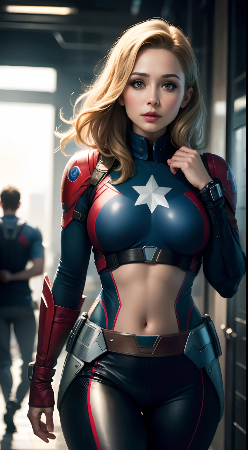 Elizabeth Olson joue Captain America，gratte ciel，（inspiré de Mass Effect），costume de capitaine amérique，Cote de sécurité，augmentation mammaire，grosses hanches，Un pantalon en cuir s&#39;enroule autour des hanches，Les vêtements en cuir s&#39;enroulent autour de la poitrine，（8k，photo brute，photoréaliste：1，25），（beaucoup de brillant à lèvres，très nombreux cils，meilleure qualité，ultra haute résolution，Profondeur de champ，aberration chromatique，Lumière large，Cor Naturel，Images lointaines（1：2）