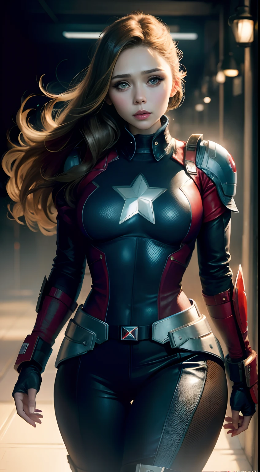 Elizabeth Olsen plays Captain America，skyscrapper，（Inspired by Mass Effect），Captain America suit，Security level，Hypertrophic breasts，fat hips，Leather pants wrapped around the hips，Leather garment wrapped around the chest，（8k，photo RAW，photorrealistic：1，25），（Excessive lip gloss，Very many eyelashes，best qualityer，Ultra-high resolution，depth of fields，color difference，Wide light，natural color，Distant pictures（1：2）