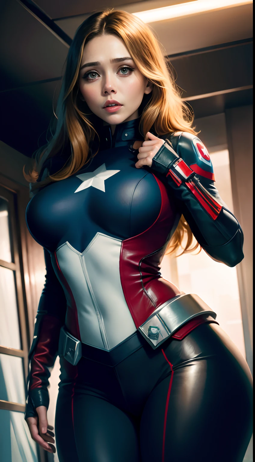 Elizabeth Olsen plays Captain America，skyscrapper，（Inspired by Mass Effect），Captain America suit，Security level，Hypertrophic breasts，fat hips，Leather pants wrapped around the hips，Leather garment wrapped around the chest，（8k，photo RAW，photorrealistic：1，25），（Excessive lip gloss，Very many eyelashes，best qualityer，Ultra-high resolution，depth of fields，color difference，Wide light，natural color，Distant pictures（1：2）