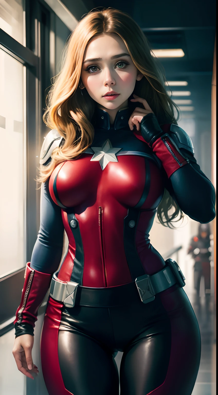 Elizabeth Olsen plays Captain America，skyscrapper，（Inspired by Mass Effect），Captain America suit，Security level，Hypertrophic breasts，fat hips，Leather pants wrapped around the hips，Leather garment wrapped around the chest，（8K，photo RAW，Fotorrealista：1，25），（Excessive lip gloss，Very many eyelashes，best qualityer，超高分辨率，depth of fields，color difference，Wide light，natural color，Distant pictures（1：2）