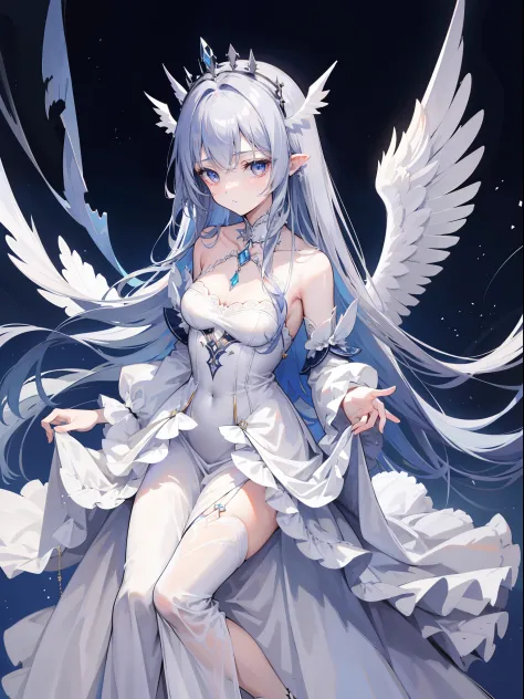 1girl, 164 cm height, charismatic, navy colored hair, very long hair, pretty, sadist expression, careless, psychopath, perspective, white silver eyes, light particles, wallpaper, princess crown, white long bride clothes, long clothes longs skirt, fallen an...