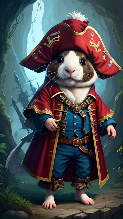 Top image quality、"Create cute creature masterpieces with inspired ultra-detailed concept art. Bring your imagination to life", （guinea pig）, high detal, 8K、Top image quality、Dress up as a pirate, Red and blue pirate costumes,