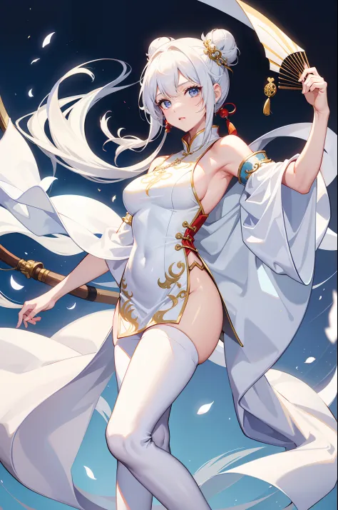 feamle idol, chinese dress, perfect body shape, holding a fan, white silk, mink scarf, hair bun, white legging