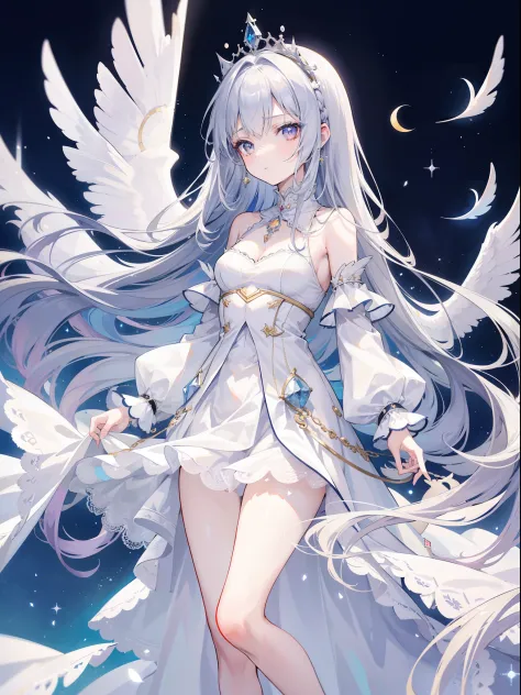 1girl, 164 cm height, charismatic, 18 years old, navy colored hair, very long hair, pretty, white silver eyes, light particles, princess crown, white long bride clothes, long clothes longs skirt, fallen angel, broken angel wings, ripper wings, scratch, sma...