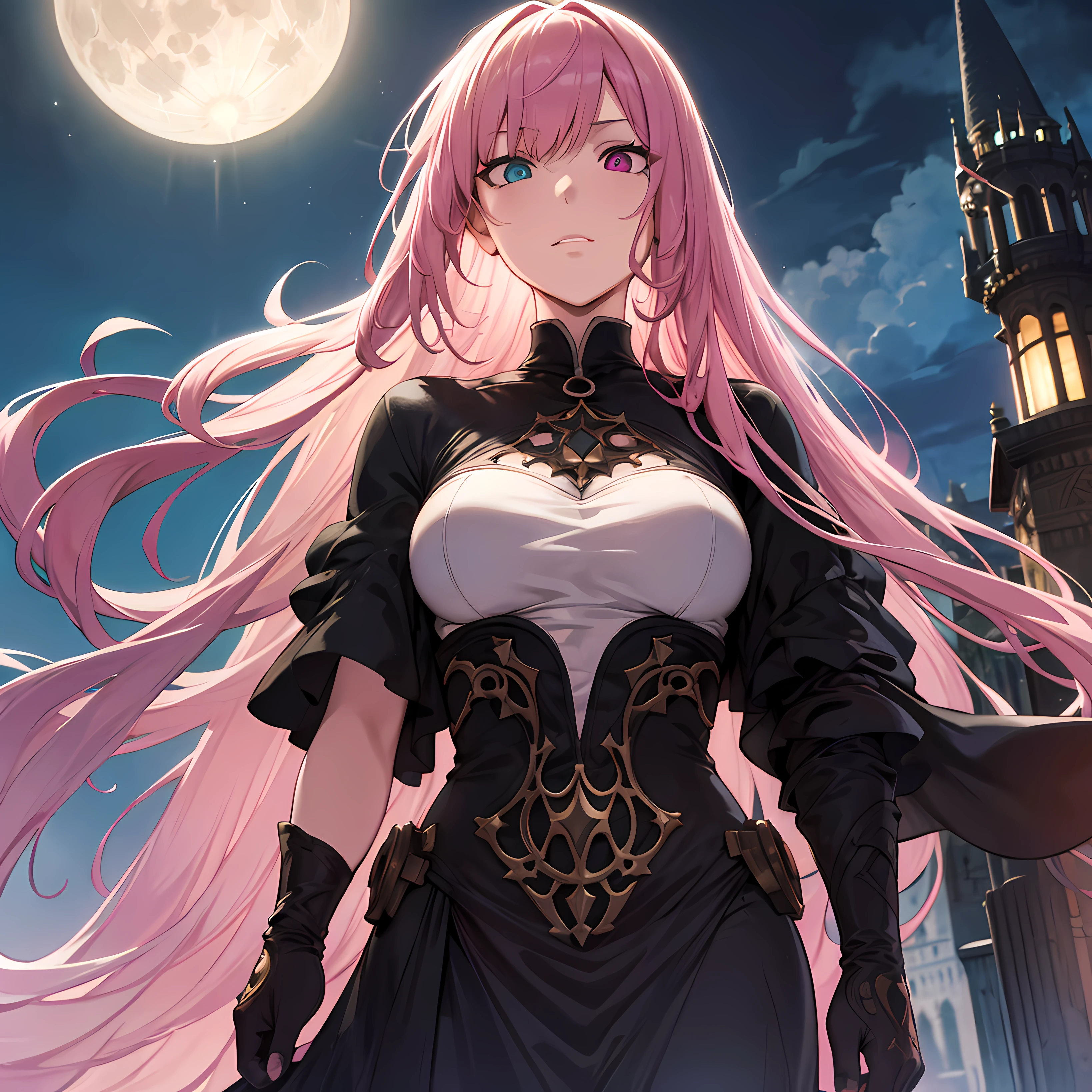 best quality, masterpiece, 8k official wallpaper, ultra detailed, illustration, 1girl, solo, queen, looking at viewer, pink hair, wispy bangs, Straight Layered Medium Haircut, detailed hairs, heterochromia, detailed eyes, black baroque dress, v neck, gold crown, arrogant, soft expression, slight smile, detailed face, soft lips, detailed lips, hourglass body, medium breasts, medieval, night, castle, top balcony, full moon, black clouds, (skindentation), extreme long shot, extreme wide shot, from a distance, imposing, from below, gothic, fantasy, lush, mystery