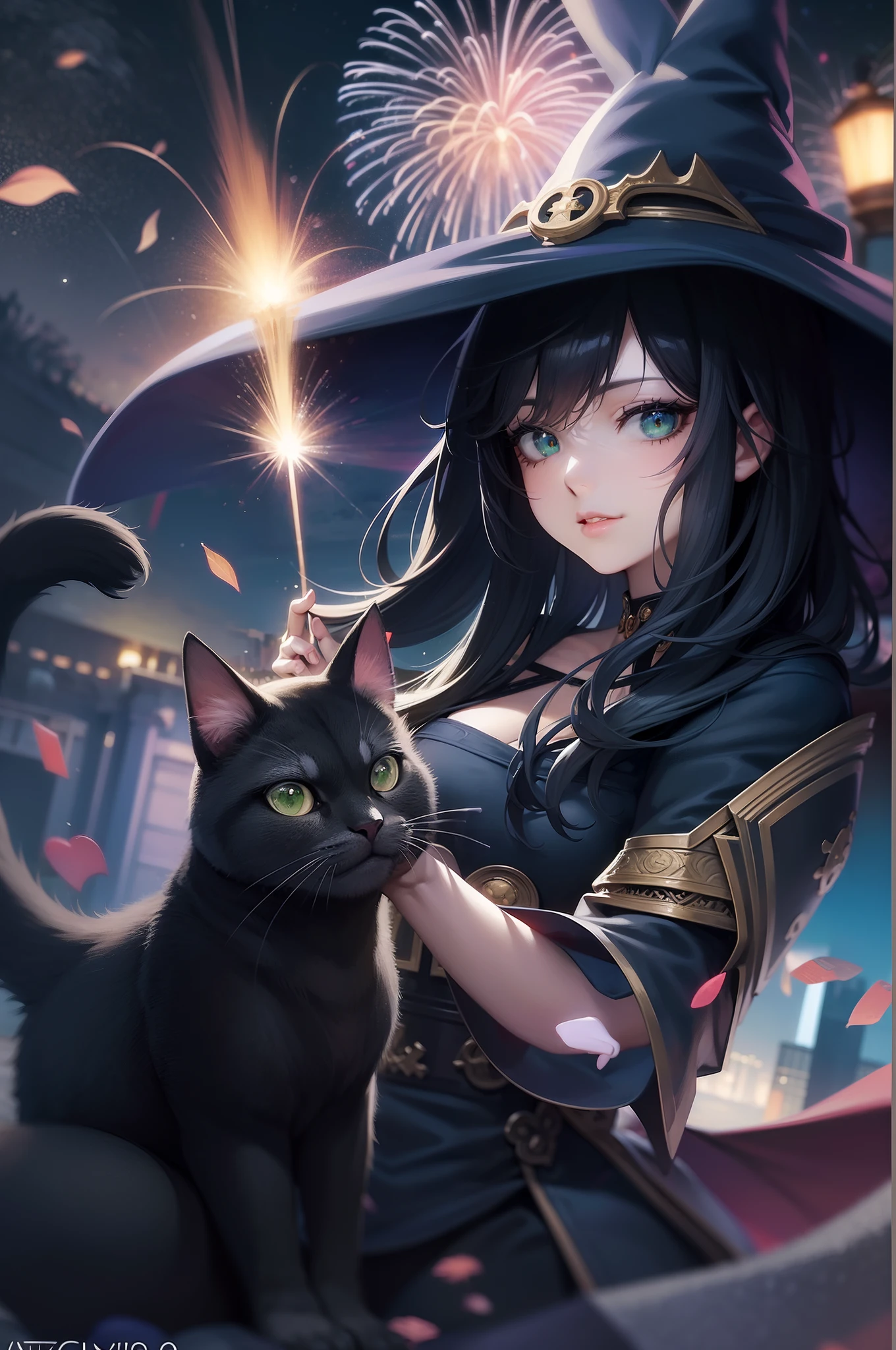 Witch With Cat And Fireworks In The Background Black Haired Mage 718f42c11b590e659385e436f2d84a5e9469186b High.webp