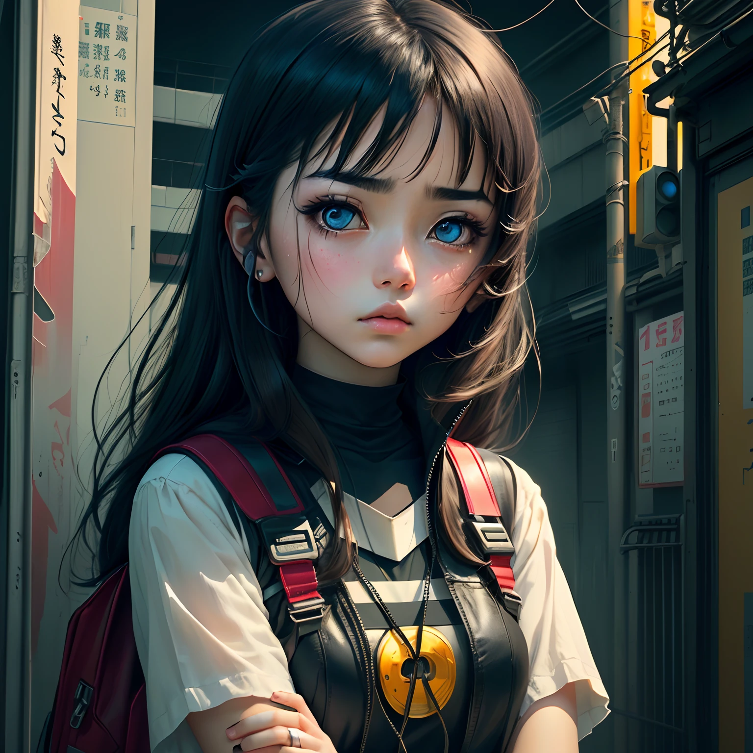 Chica Cyborg Anime Estético Chica Triste de Japón, Fondo negro, frente a la cámara, atmósfera triste,  de alta tecnología,