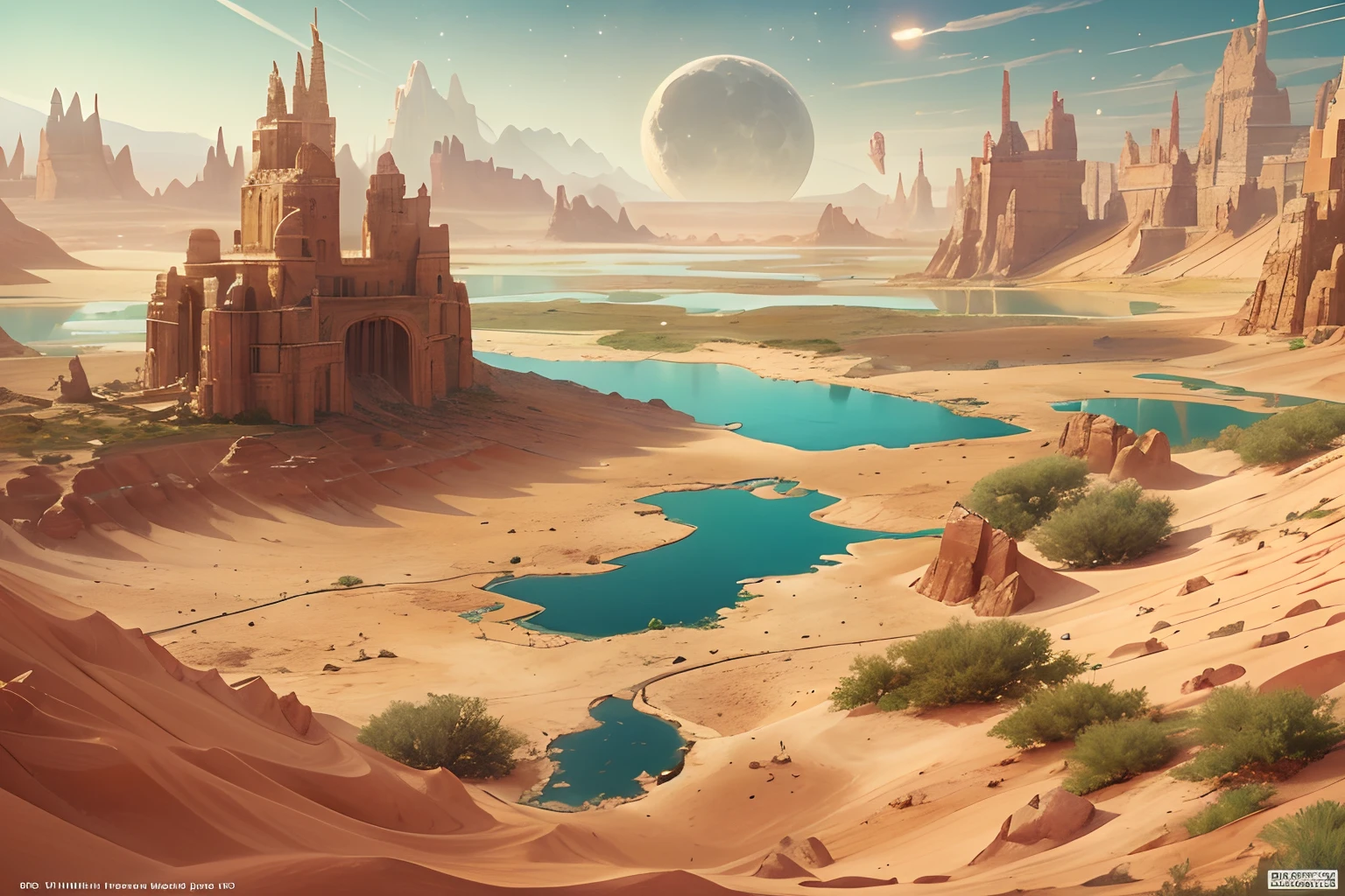 Fantastic expanse of desert oasis ，1 moon，Heart-shaped lake，reasonable design, Best quality, Very detailed, Masterpiece, movie light effect, 8K，epic fantasy digital art，high definition resolution，Detailed detail drawing，