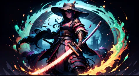 katana swords，Samurai clothes，bucket-hat，delicated face，Dexterous posture，Solo，Colorful，ricefield，with light glowing，tmasterpiec...