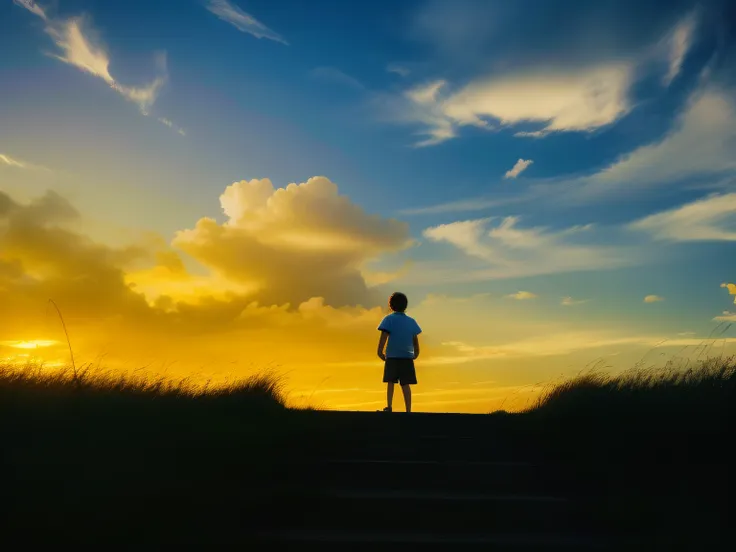 Arafed man standing on a hill looking at the sunset - SeaArt AI