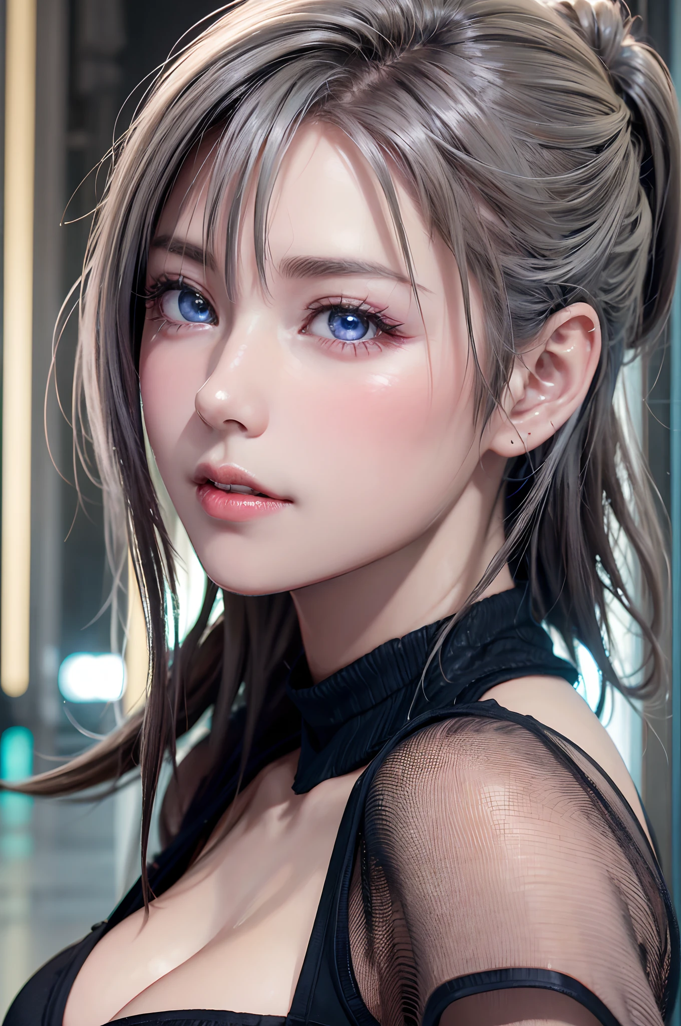 top-quality、8K Masterpiece、超A high resolution、(Photorealsitic:1.3)、Raw photo、女の子1人、silver white hair、glowy skin、1 Cyberpunk Super Beautiful Soldier、((super realistic details))、portlate、globalillumination、Shadow、octan render、8K、ultrasharp、beauty breast、Raw skin is exposed in cleavage、metals、cold color、、highly intricate detail、Realistic light、CGSoation Trends、Beautiful eyes、radiant eyes、Facing the camera、neon details、