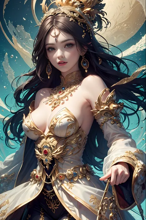 (masterpiece, top quality, best quality, official art, beautiful and aesthetic:1.2), (1 fantasy girl), long shapeless hair, extremely detailed, ornate jewellery,( fantastical background), dynamic pose, (fractal art:1.3),colorful,highest detail.