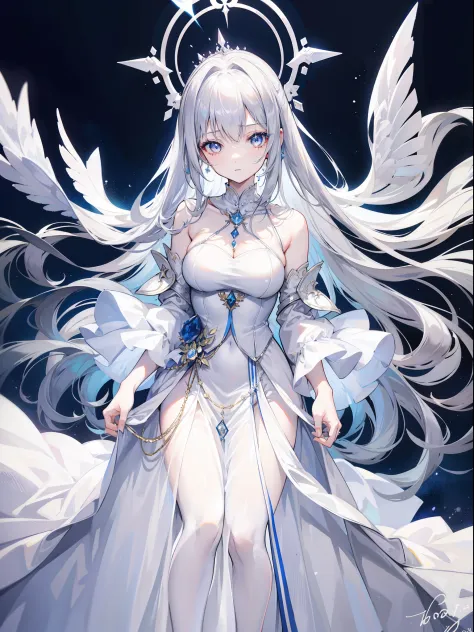 1girl, 164 cm height, tall girl, charismatic, 18 years old, navy colored hair, very long hair, pretty, white silver eyes, glowing eyes, white long bride clothes, long clothes, longs skirt ,diamond pendant, standing, light crown