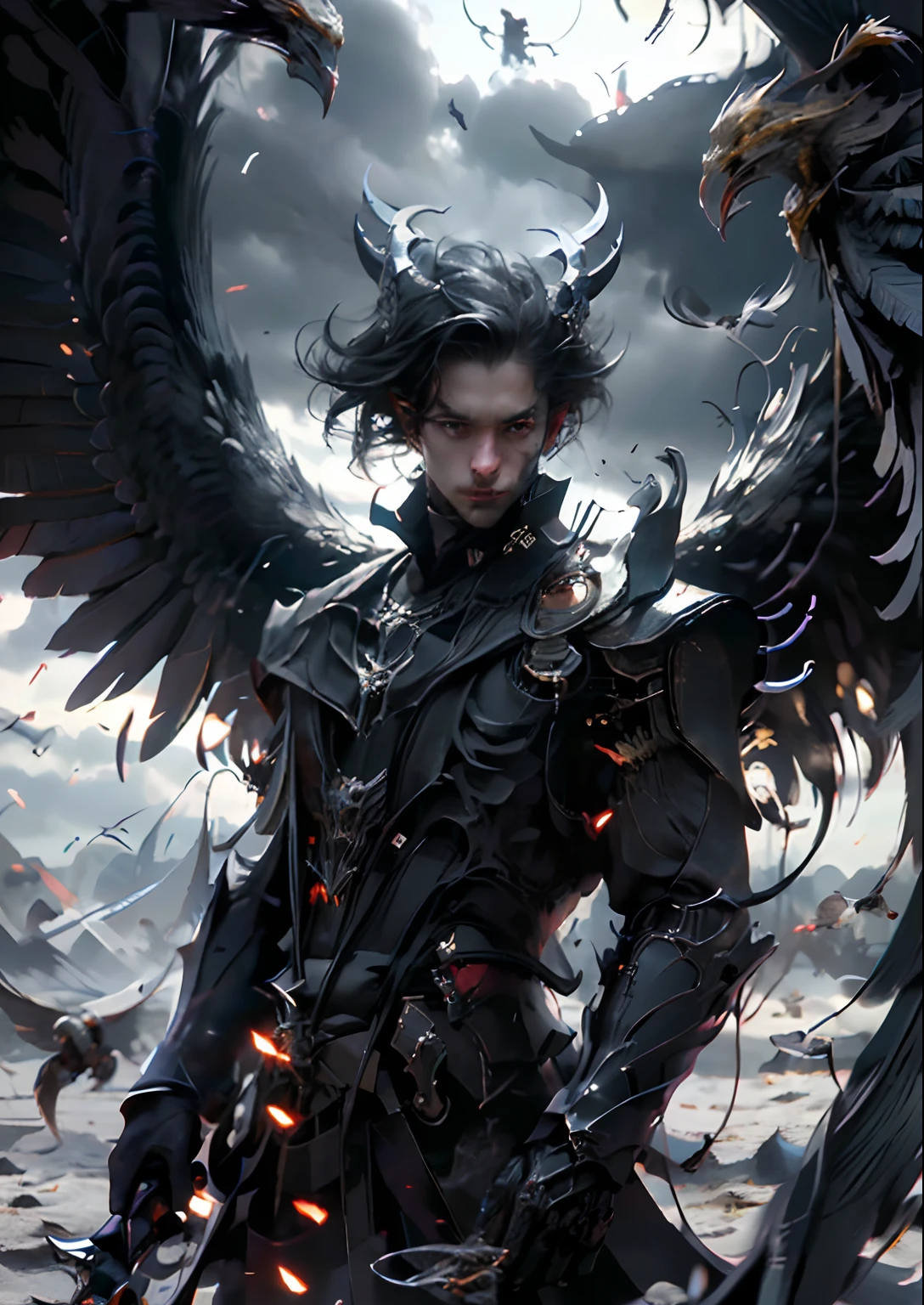 Year's on_Daemon,Solo,Looking_at_peeping at the viewer,black_Hair,1boy,Closed_Mouth,standing,Male_Focus,Wings,Horns,Armor,Bird,Shoulder_Armor,Pedras preciosas,black_Wings,
Cinematic lighting,Strong contrast,High level of detail,Best quality,Masterpiece,White background,Perfect face，Stout horns