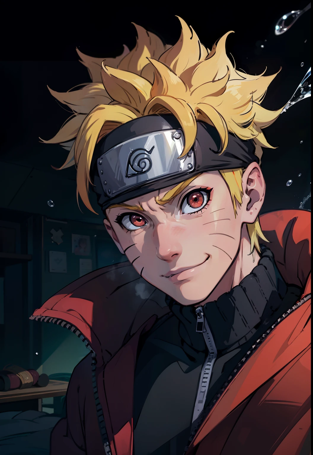 uzumaki naruto, 1남, 남성 집중, 걸작, 최고의 품질, (초상화, 확대), 뷰어를보고, 그림자와 빛, 흐린 전경, 코노하가쿠레 기호, 실내, 물방울, 빨간 눈, 흑색공막, 침대에, 차가운 피에 굶주린 미소,