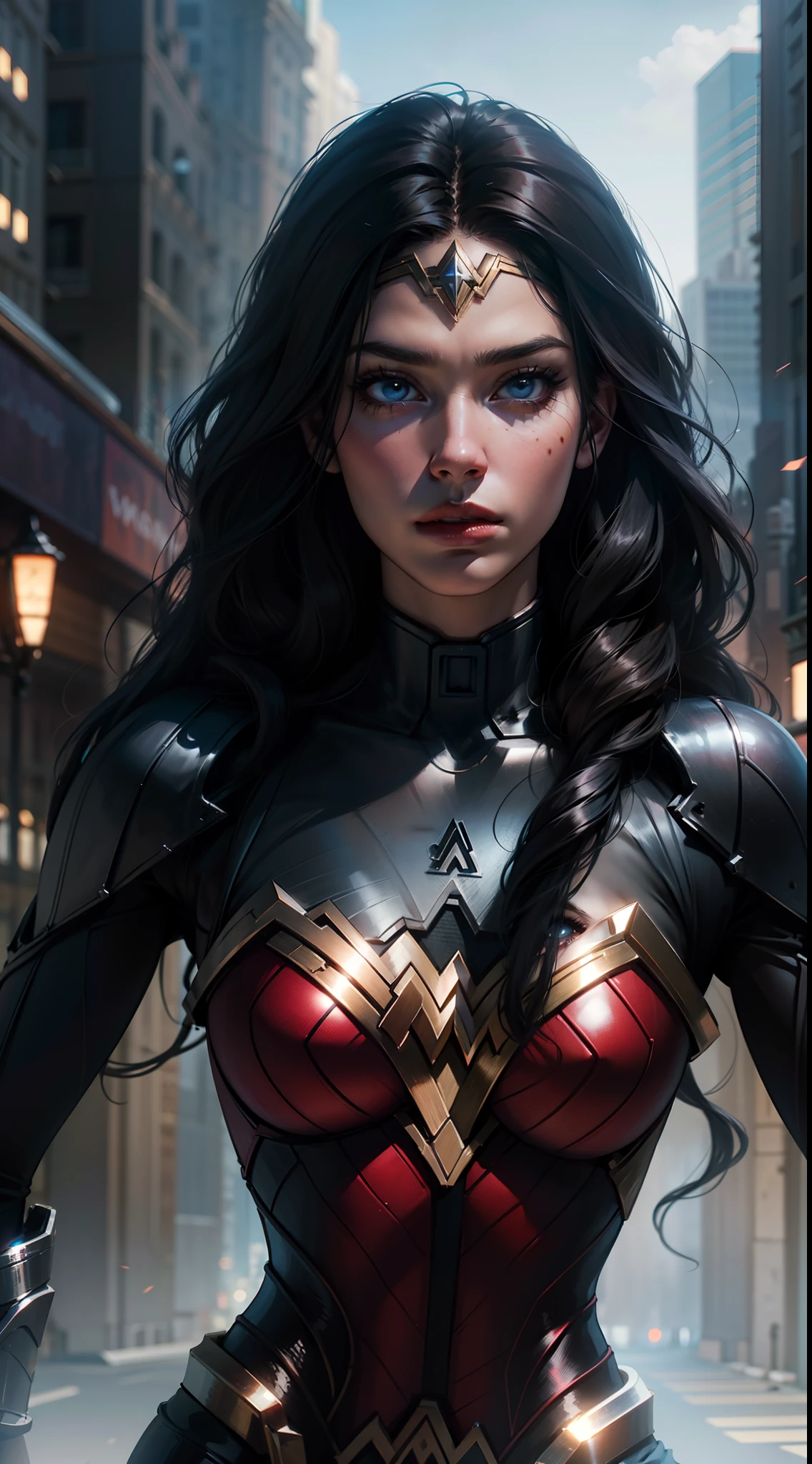 Impresionante y hermosa Wonder Woman y Black Widow Fusion, alta definición extremadamente hiperrealista con mejora SDXL,pelo negro ondulado liso,ojos azules y traje en alta definición.,Muy hiperdetallado en la ciudad en una pose 3D de acción dinámica.,bermudas,Detalles exuberantes,procesamiento profesional en ultra 8k en hiperrealismo extremadamente absoluto en hdr en arte conceptual hiperrealista en alta calidad en renderizado de octano en resolución hiper 3d