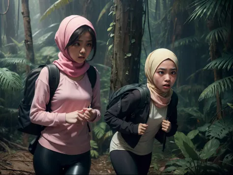 Two malay girl in hijab lost in fantasy jungle, beautiful face, petite body, carry backpack, torn outfit, wear sweater and tight pink leggings, scared face, scared expression and body language, sweating, cinematic lighting, professional photography, ultra ...
