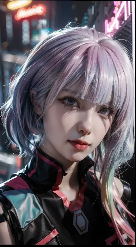 hyperrealistic close up portrait photograph of Lucy cyberpunk edgerunners in a crowded Japanese street, wearing leather jacket a...