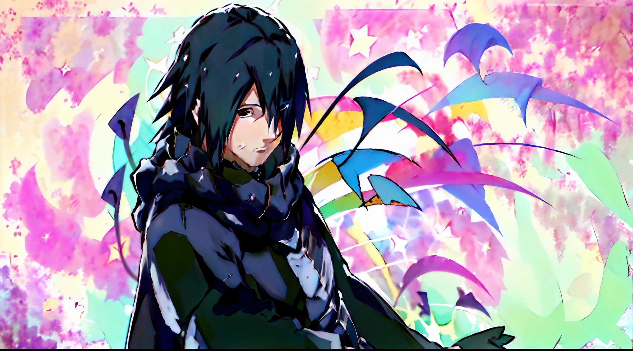 Anime anime girl with black hair and black outfit with colorful swirls -  SeaArt AI