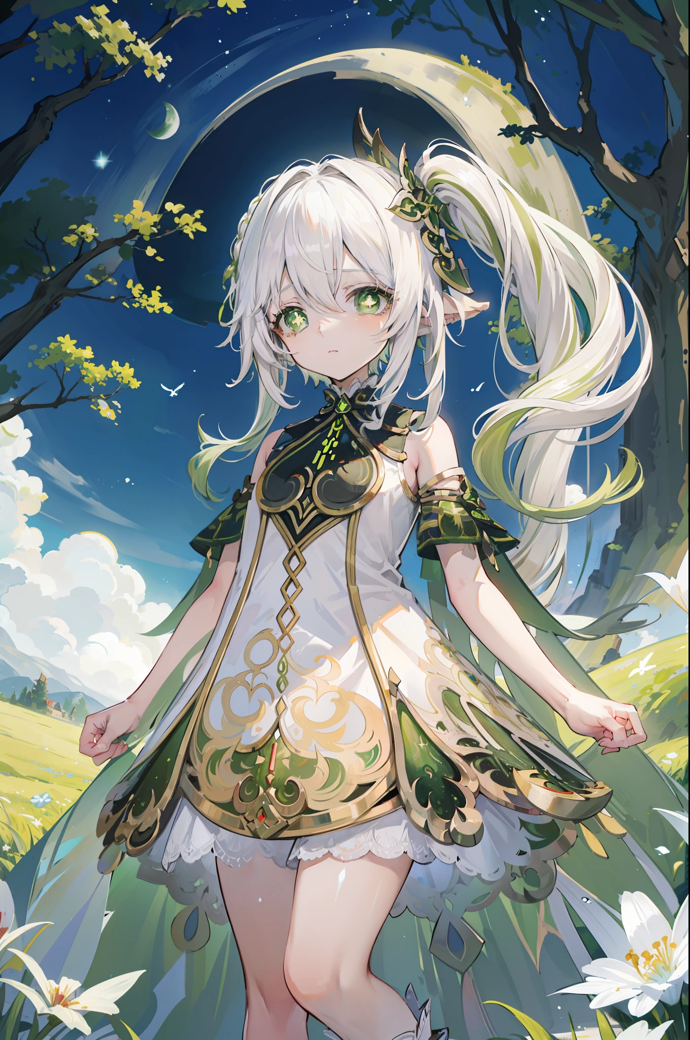 Nahida_Genshin,(White hair),cross-shaped pupils,default_dress,Green cape,simplebackground，themoon，The breath of life，green color，grassy fields，The breath of life，Gentle and powerful divinity，A sense of majesty，Hold a headache and cry