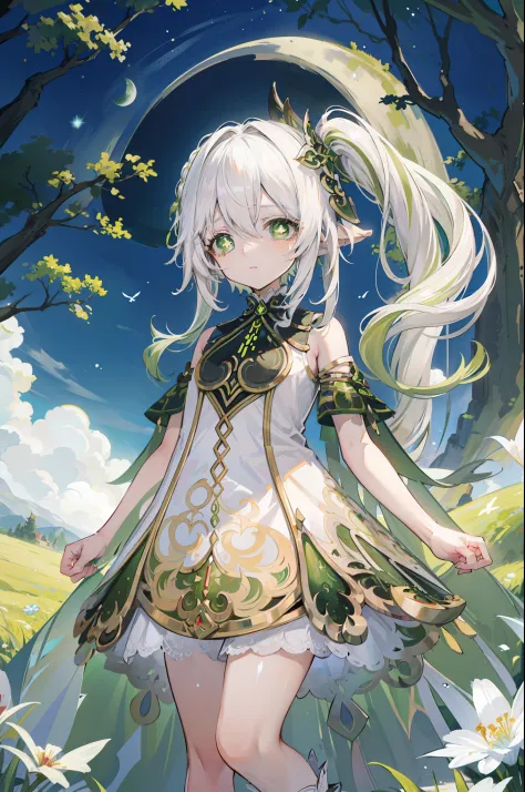 Nahida_Genshin,(White hair),cross-shaped pupils,default_dress,Green cape,simplebackground，themoon，The breath of life，green color...