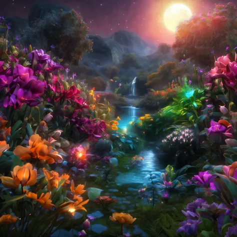 A night landscape, with "glowing fairies", beautiful flowers, bushes, sparkling water, moonlighting (extremely detailed CG unity 16k wallpaper), most beautiful artwork in the world, professional majestic oil painting, intricate, high resolution, Sharp focu...