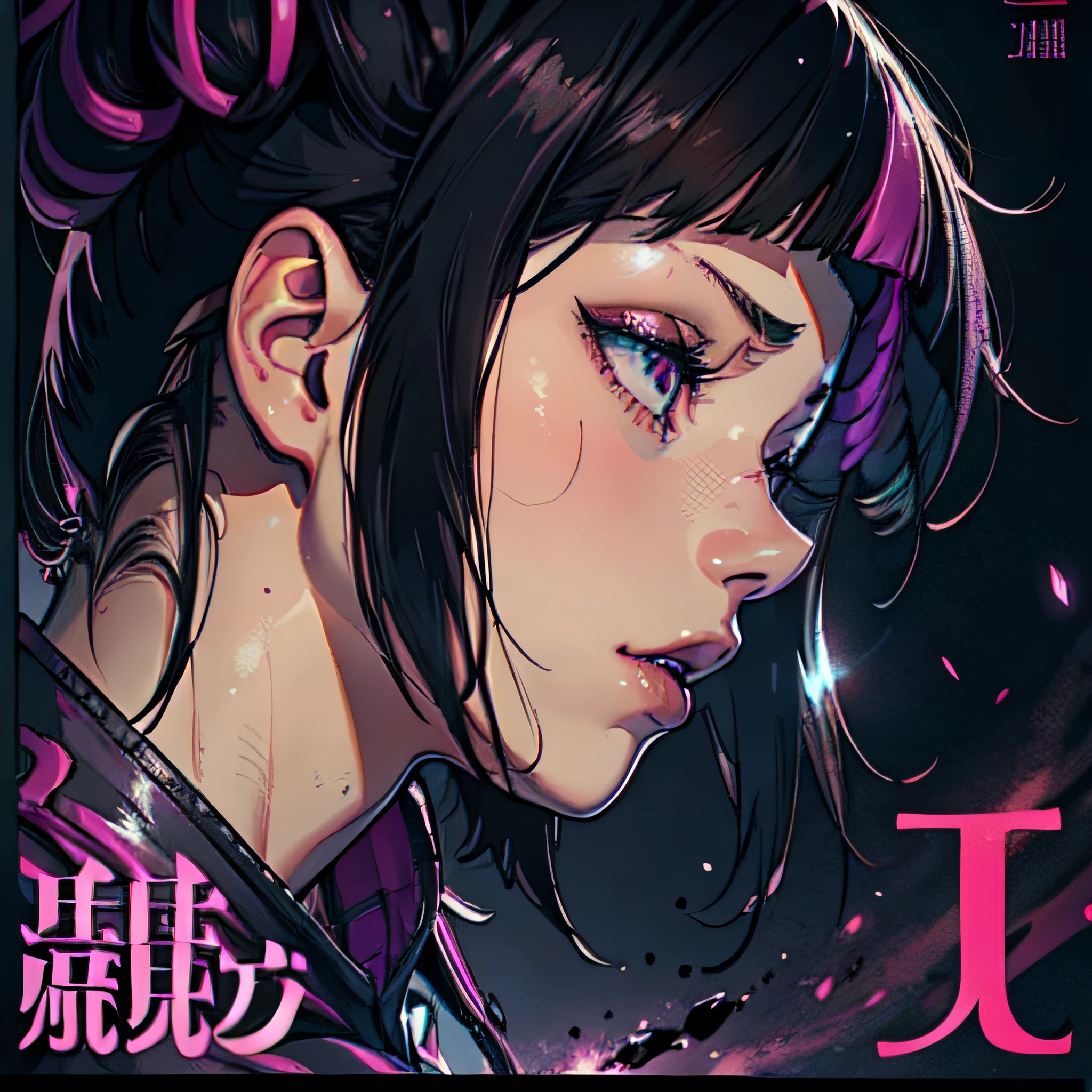 (Magazine Poster: 1.1) Beautiful Face, ultra realistic face, ahegao face, high detail face, provocative look, juri hair, night, black wall, dark background, behind view