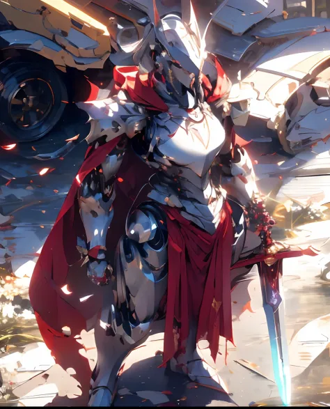 (masterpiece:1.2), best quality,PIXIV,
robot girl,breast,weapon, sword, armor, holding weapon, holding, holding sword, solo, gauntlets, cape, red cape, full armor, helmet, torn cape, male focus, standing, glowing, shoulder armor, red theme, pauldrons, brea...