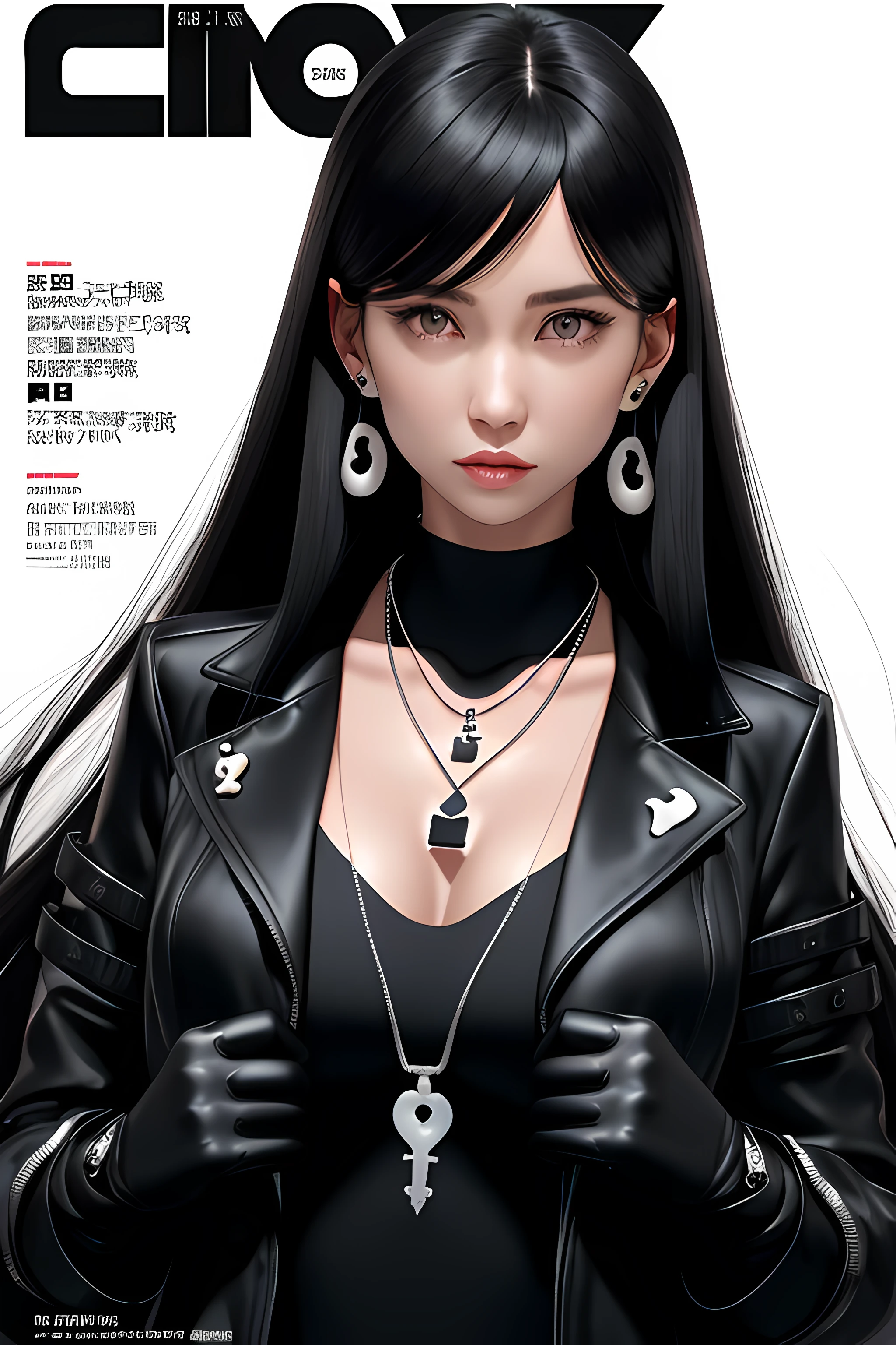 magazine scan,(magazine cover:1.2), cover text, text,( magatama necklace:1.1), wlop, 1girl, black gloves, black open jacket, character request, commentary, earrings, double v, jewelry, long hair, looking down, perfect flowing hair, solo,