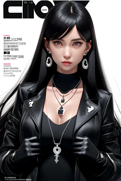 magazine scan,(magazine cover:1.2), cover text, text,( magatama necklace:1.1), wlop, 1girl, black gloves, black open jacket, cha...