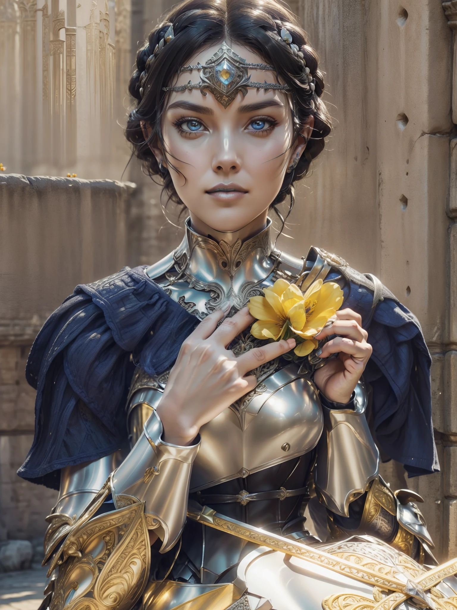 (Masterpiece, Best quality),(extremly intricate:1.3), (Realistic), 1girll, Yellow people, Dark eyes, Perfect eyes, Perfect iris, perfect pupils, Perfect lips,Perfect nose, Perfect hands, Very detailed hands, perfectfingers, Black hair, Short hair, Straight hair, Small braids in her hair, (Medieval armor), metallic reflective, (((Silver armor))), Outdoors, far away castle, (Ornately decorated armor), (insanely details, full bloom:1.5), chainmail, Strong sunshine, professional photograph of a stunning woman detailed, Sharp focus,  Award-Awarded, Cinematic lighting, The background is blurred out, Upper body, ((self-assured)), (Pose:Looking at the camera)，Clothes are turned into armor，All blue turns silver