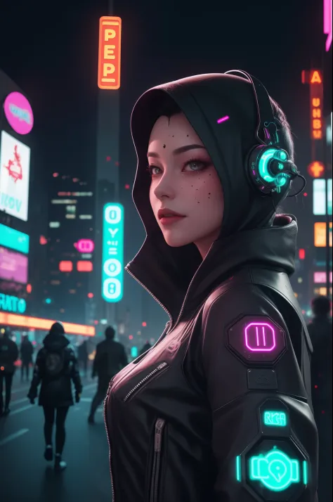 Cyberpunk princess, Futuristic cyber aesthetic, Slightly imperfect skin with delicate blemishes, Realistic 3D render, Glass-effect bokeh, Close-up shot, Centered in the frame, Urban cyberpunk cityscape background with neon signs and holographic billboards,...